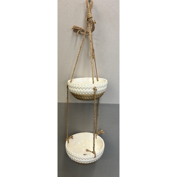Plant Hangers Hanging Baskets Planters Flowers Ceramic White Neutral Double - Picture 1 of 8